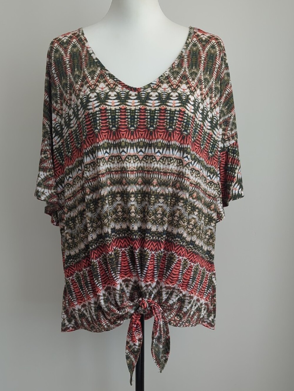 Cocomo Aztec Coral, Green & White Patterned Flutter Sleeve V‑Neck Tunic Blouse